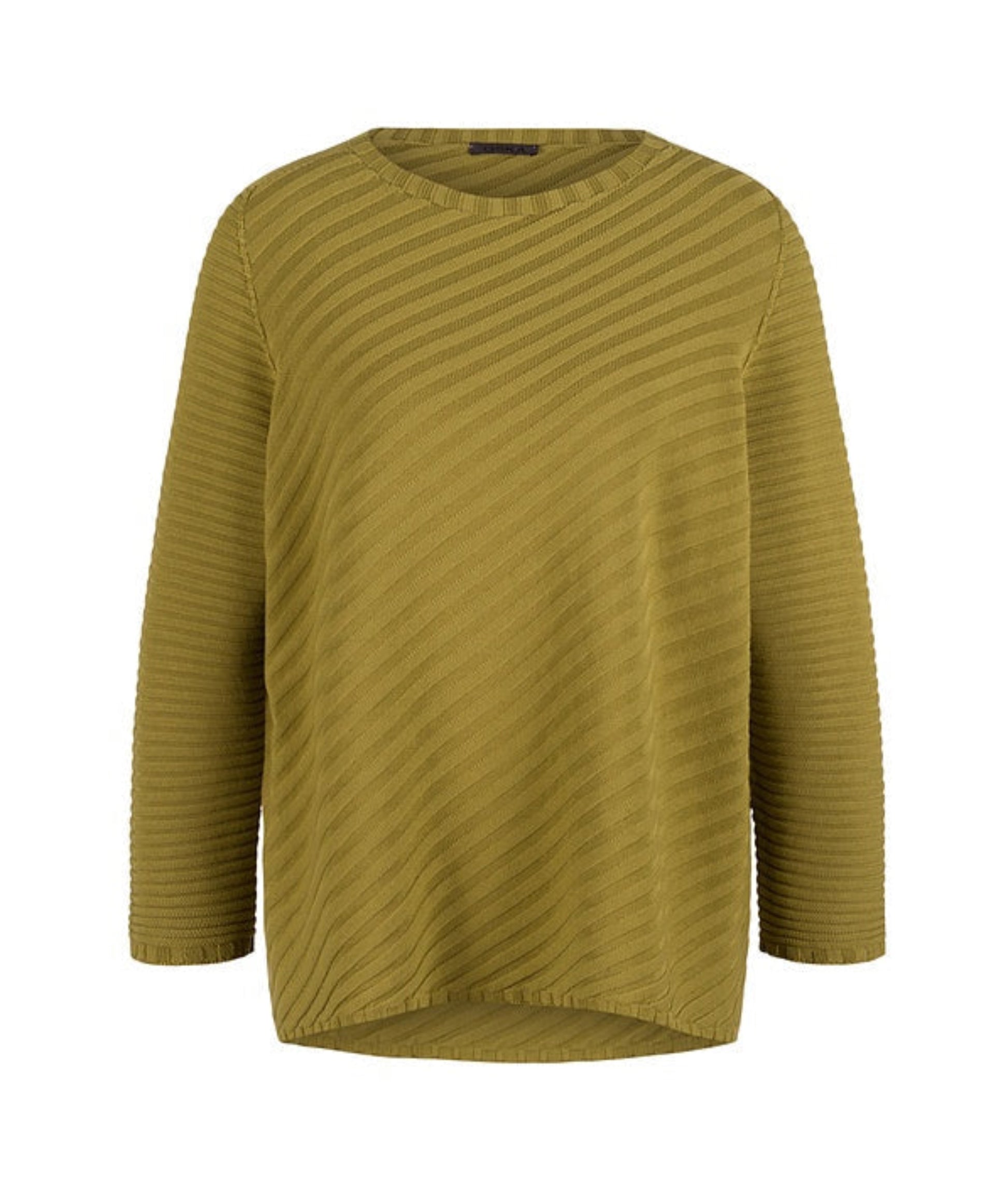 Woman's long sleeve knit pullover with diagonal ribbing in golden khaki by Oska. 