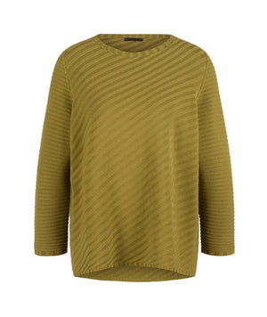 Woman's long sleeve knit pullover with diagonal ribbing in golden khaki by Oska. 