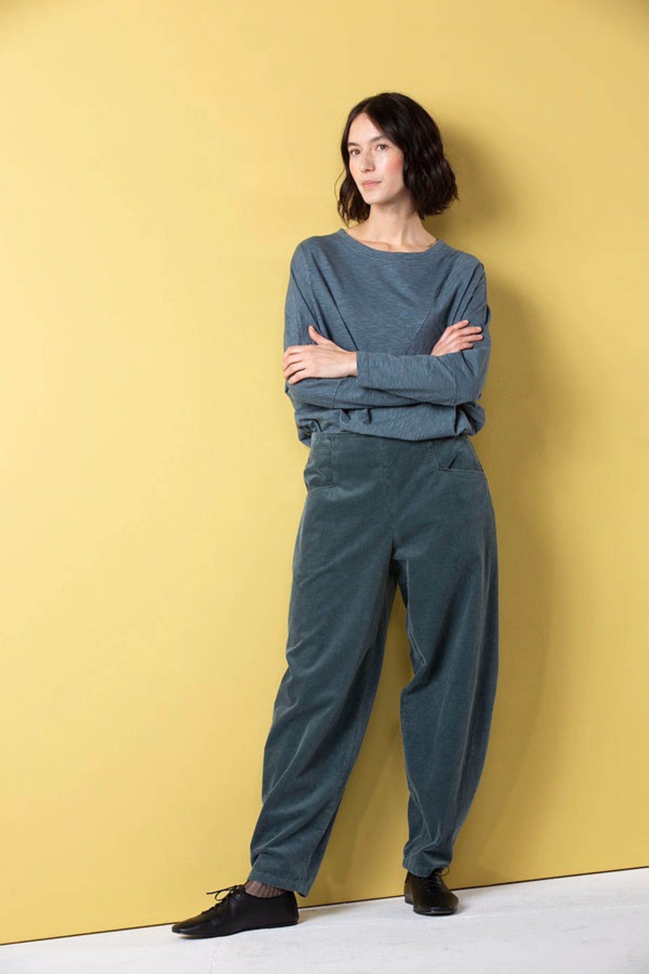 OSKA Flat Front Barrel Leg Corduroy Pant in Pacific