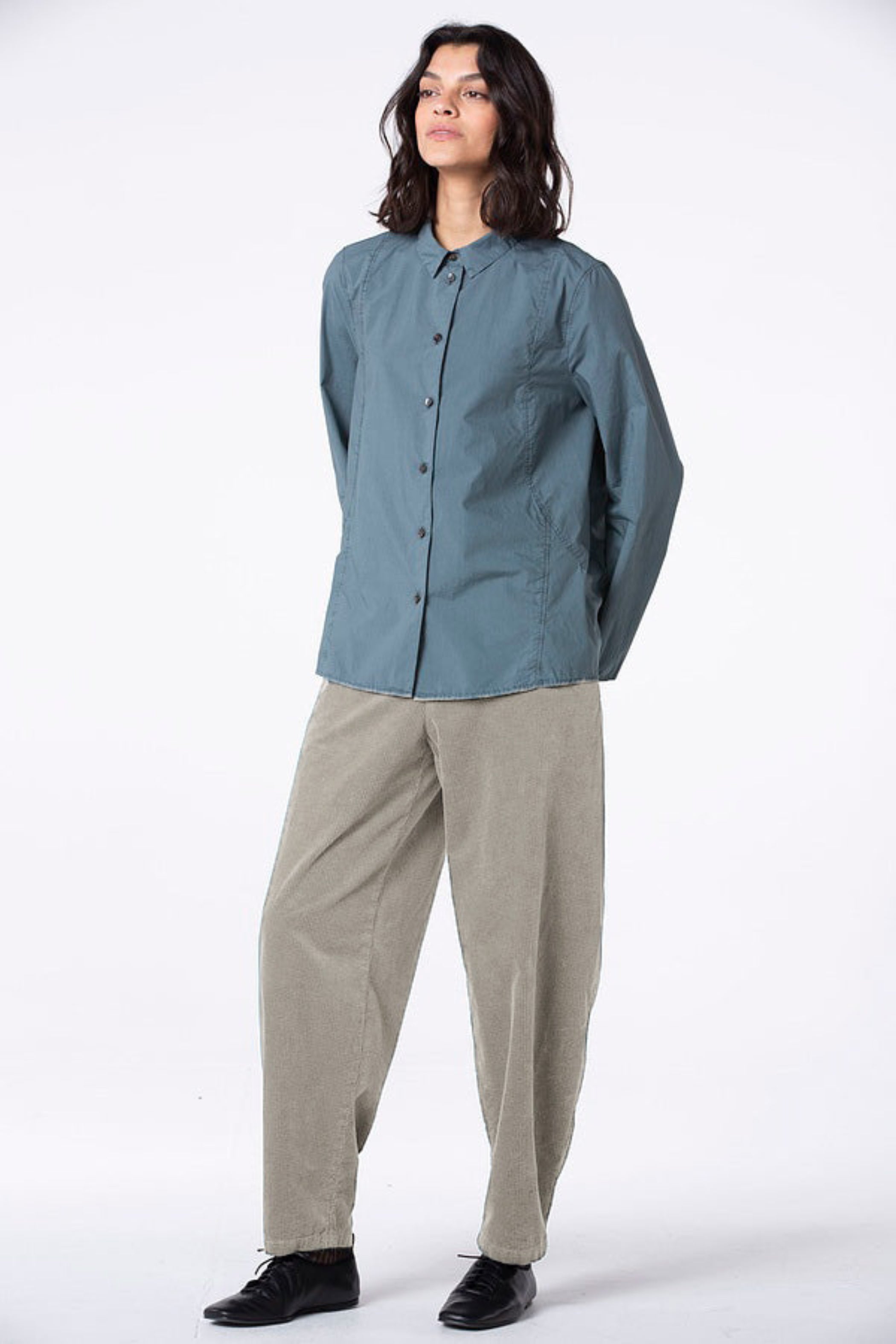 OSKA Flat Front Barrel Leg Corduroy Pant in Ecru