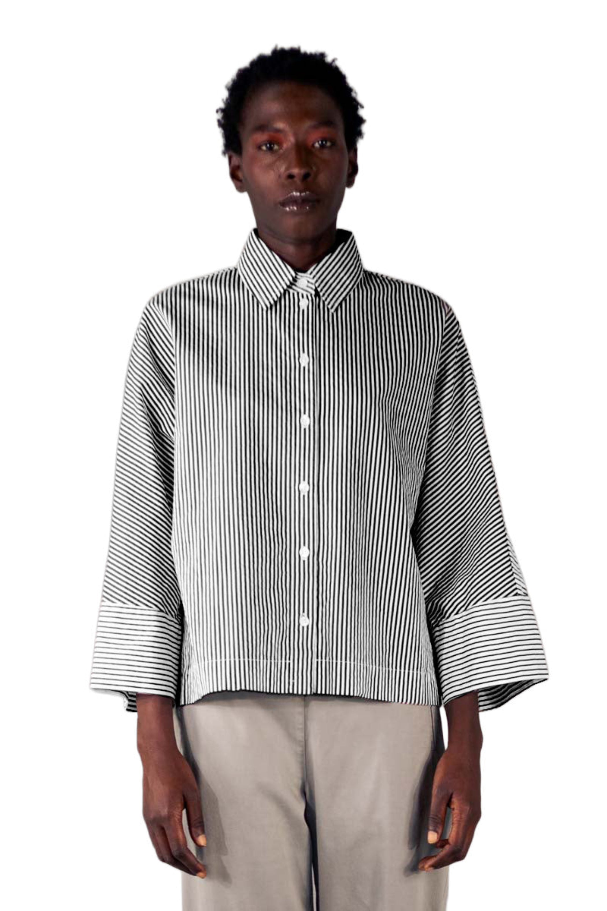 ELEMENTE CLEMENTE Cotton Dolman Sleeve Blouse in Black Stripes