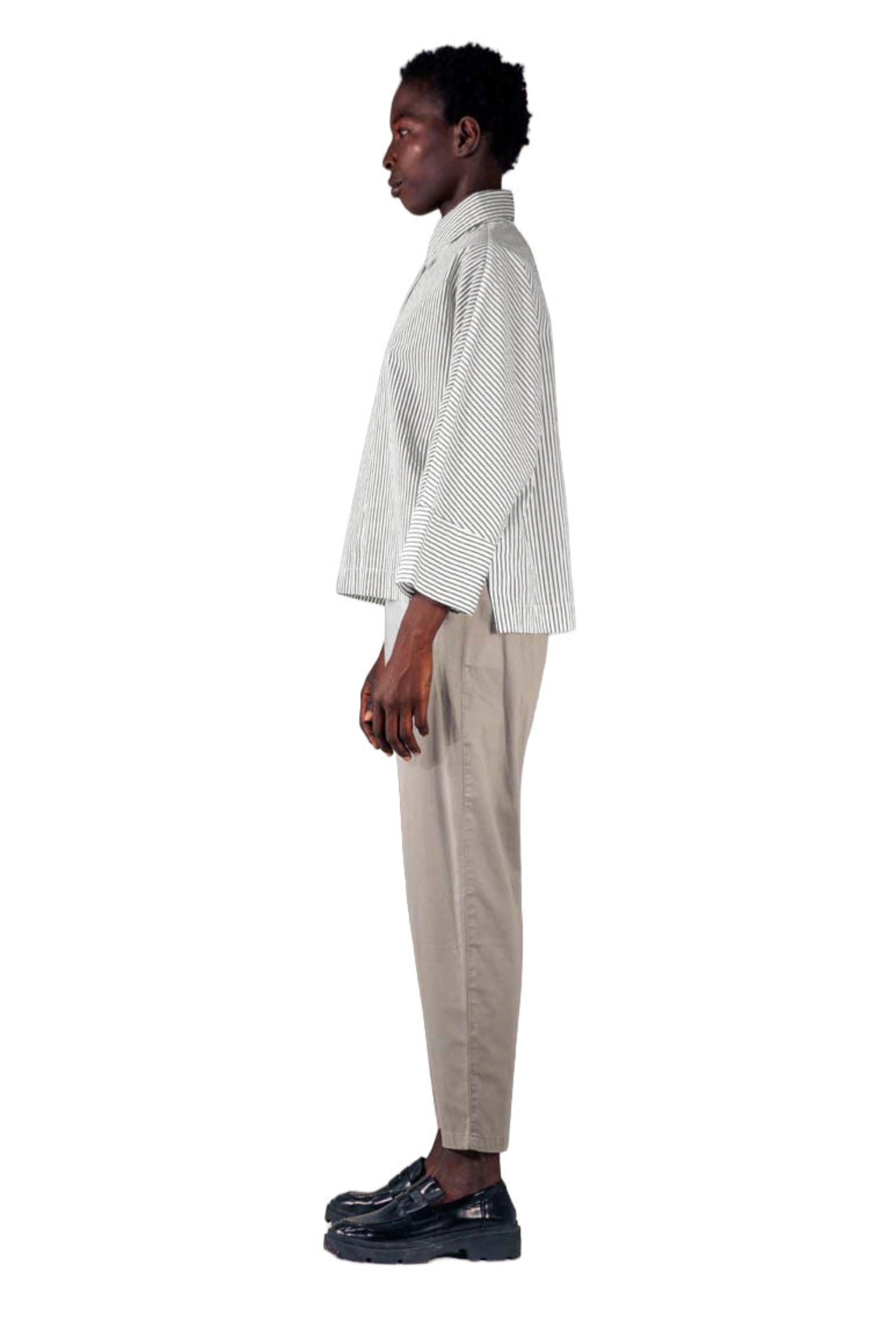Elemente Clemente Cropped Button Down Blouse in Grey Stripes