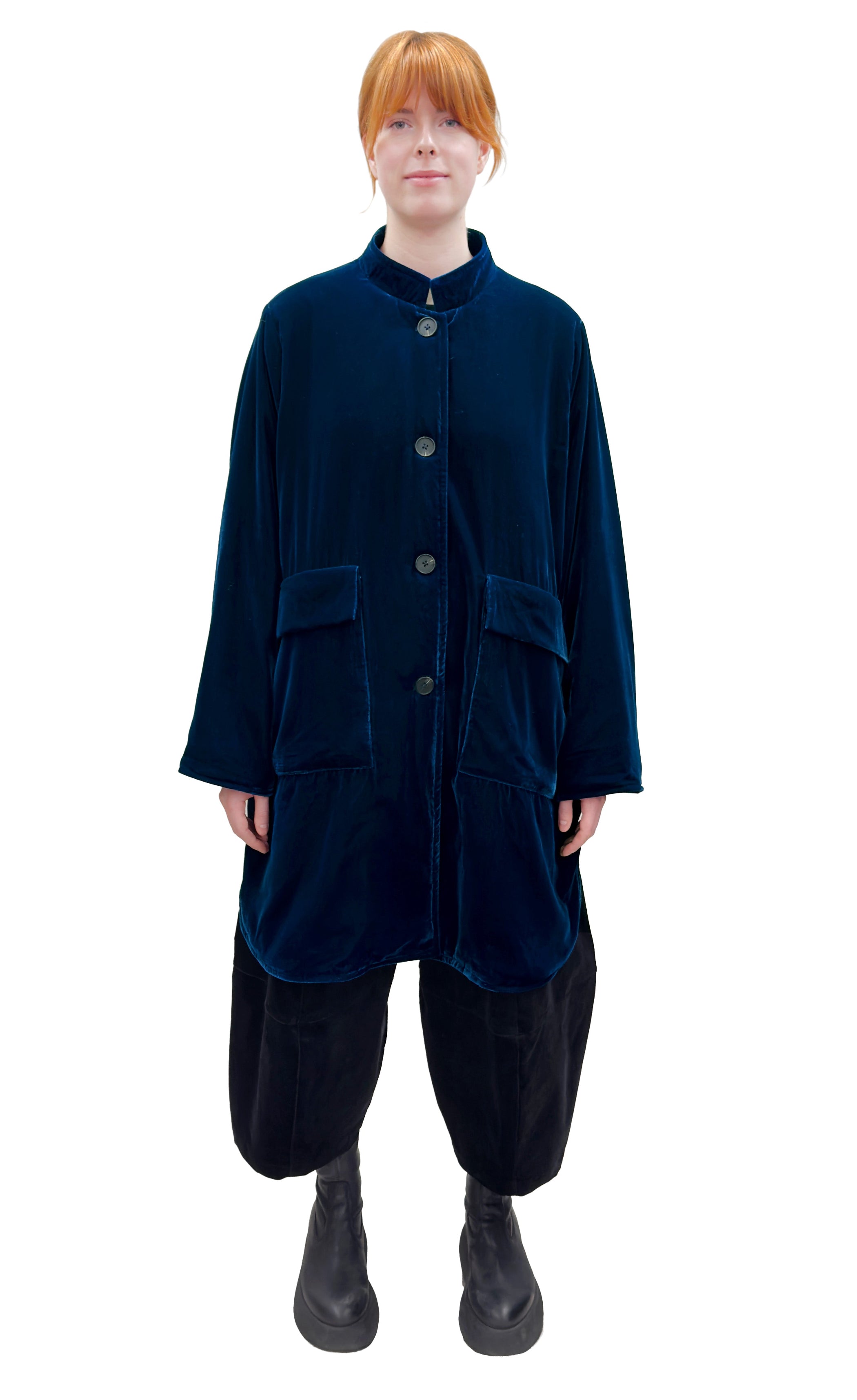 MOTION Long Onesize Pocketed Velvet Coat in Ocean