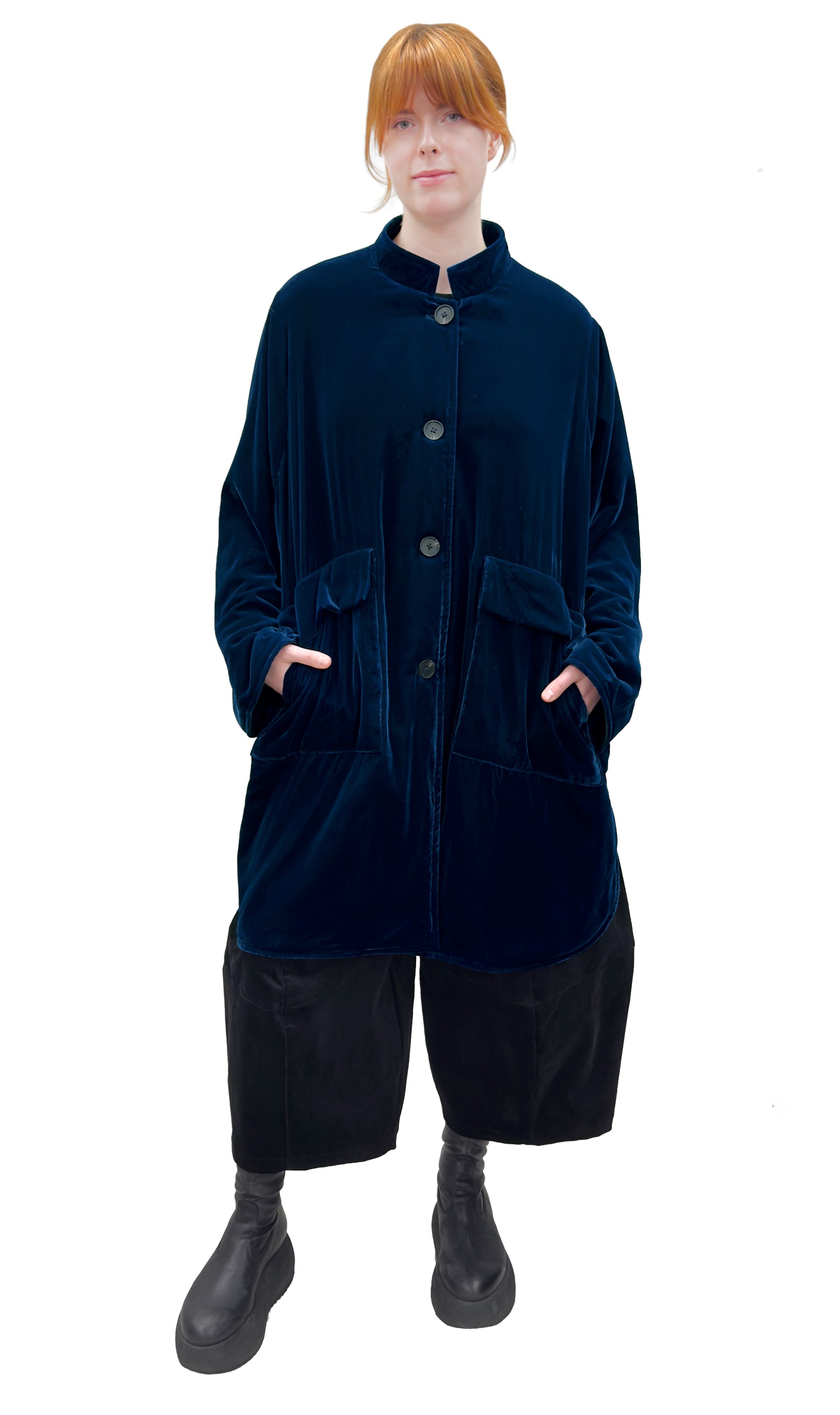 MOTION Long Onesize Pocketed Velvet Coat in Ocean