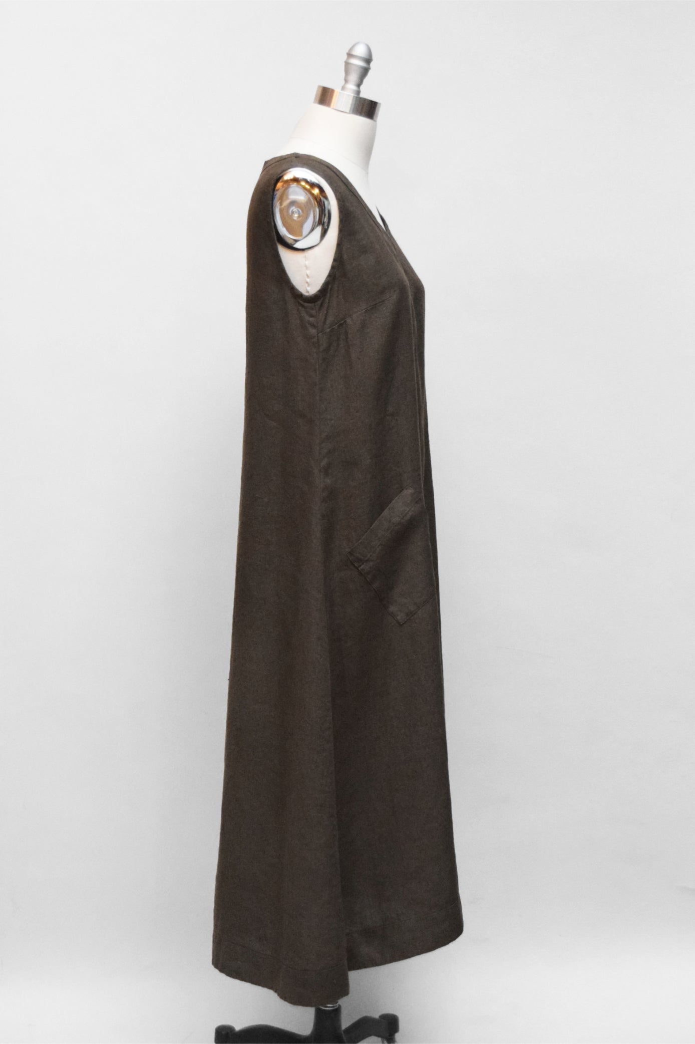 FLAX One-Pocket Long V-Neck Linen Dress in Natural