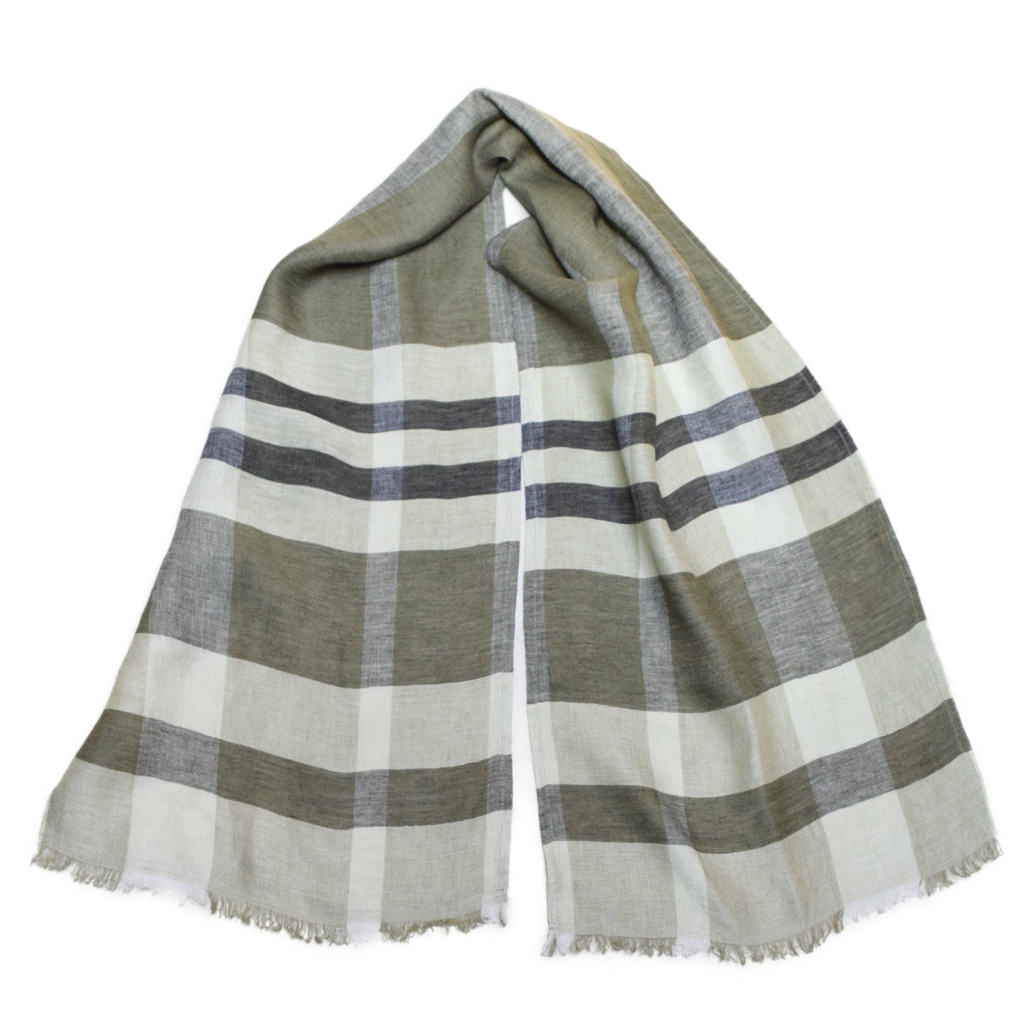 FLAX Plaid Linen Scarf - Olive Green