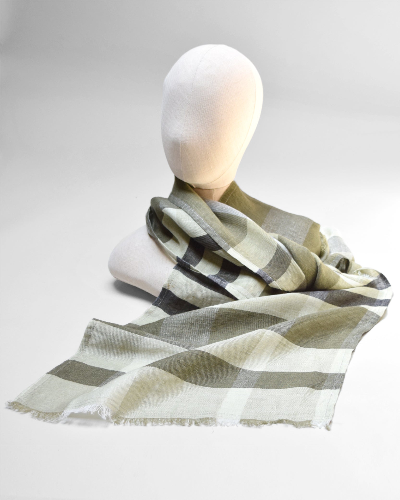 FLAX Plaid Linen Scarf - Olive Green