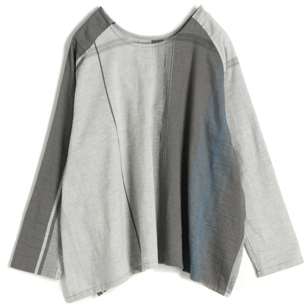 Tamaki Niime Raglan Sleeve Round Neck Top -#01 Grey and Blue Stripes