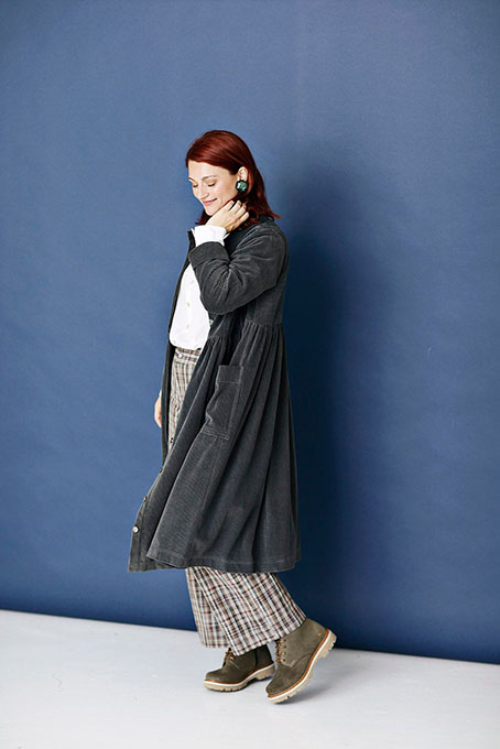 McVerdi long corduroy coat in charcoal grey, with collar and ruched waist. 