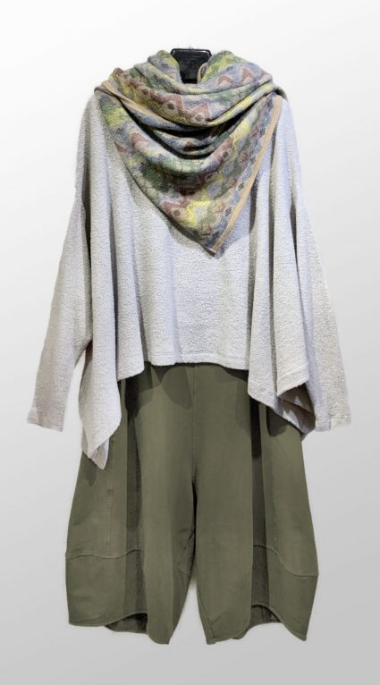 Mes Soeurs et Moi faux-shearling sweater in ash grey, over Mama B drop-rise harem pants in mossy french terry.