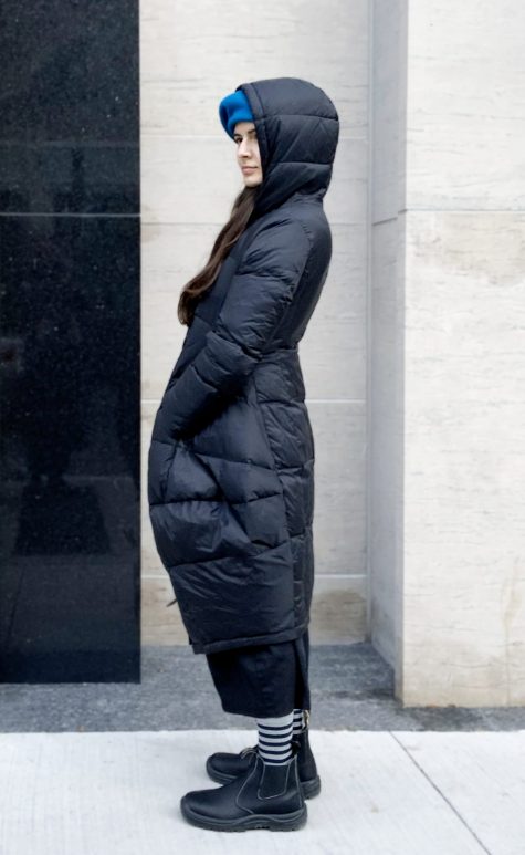 Black Label bubble-shaped down puffer. Paired with a Kopka 100% merino wool beret.