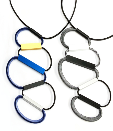 Cloud ladder necklaces. Elastic, mesh, and aluminum beads.