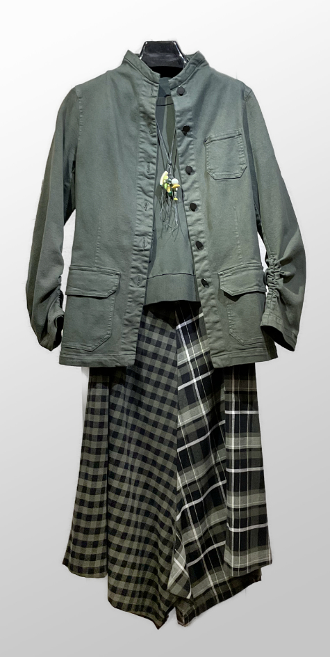 Pal Offner khaki green twill jacket, over a Pal Offner khaki green french terry sweatshirt. Paired with Mama B drop-rise pants in mixed plaid. 