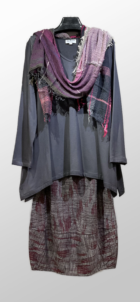 Motion grey knit tunic top, over Motion burgundy “slash” knit bubble skirt. 