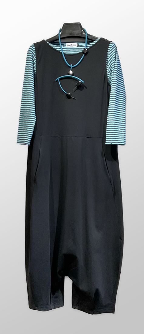 Mama B Drop-rise knit jumpsuit, over a Motion cotton-linen blend striped tee.