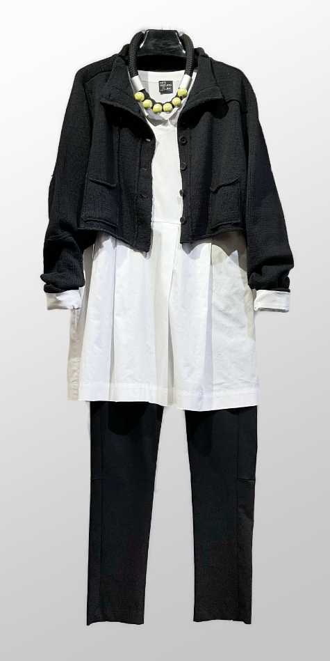 Rundholz Black Label cropped knit cardigan, over a Mes Soeurs et Moi v-neck cotton blouse. Layered with Hudson pants in black.