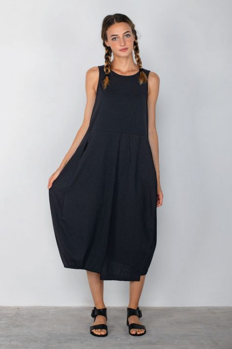Mama B knit dress with an asymmetric bubble skirt layered with a light crinkle cotton.