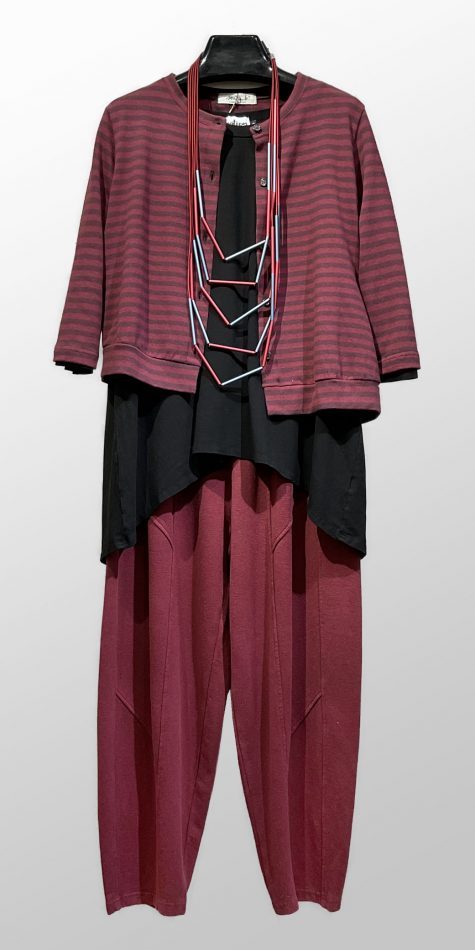 Mama B asymmetric cotton stripe cardigan, over a Motion boxy hi-low tee, and Oska relaxed hemp/cotton knit pants. 