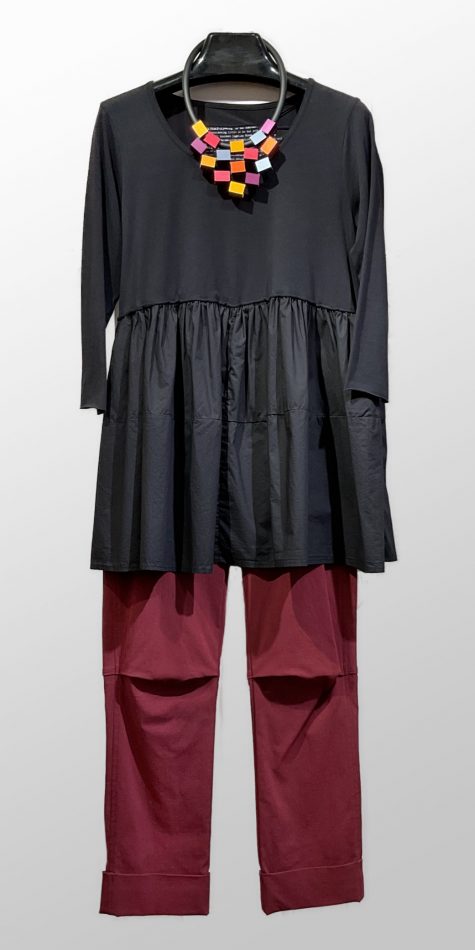 Rundholz Black Label peplum tee, paired with Vespa pants in Dahlia red.